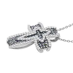 D'Joy Green Diamond, Diamond Cross Pendant Necklace in Rhodium Over Sterling Silver 0.50 ctw (20 Inches)
