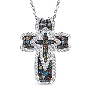D'Joy Multi Diamond Radiant Cross Pendant Necklace in Rhodium Over Sterling Silver 0.50 ctw (20 Inches)