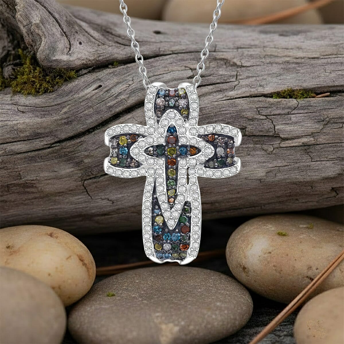 D'Joy Multi Diamond Radiant Cross Pendant Necklace in Rhodium Over Sterling Silver 0.50 ctw (20 Inches) image number 1