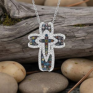 D'Joy Multi Diamond Radiant Cross Pendant Necklace in Rhodium Over Sterling Silver 0.50 ctw (20 Inches)