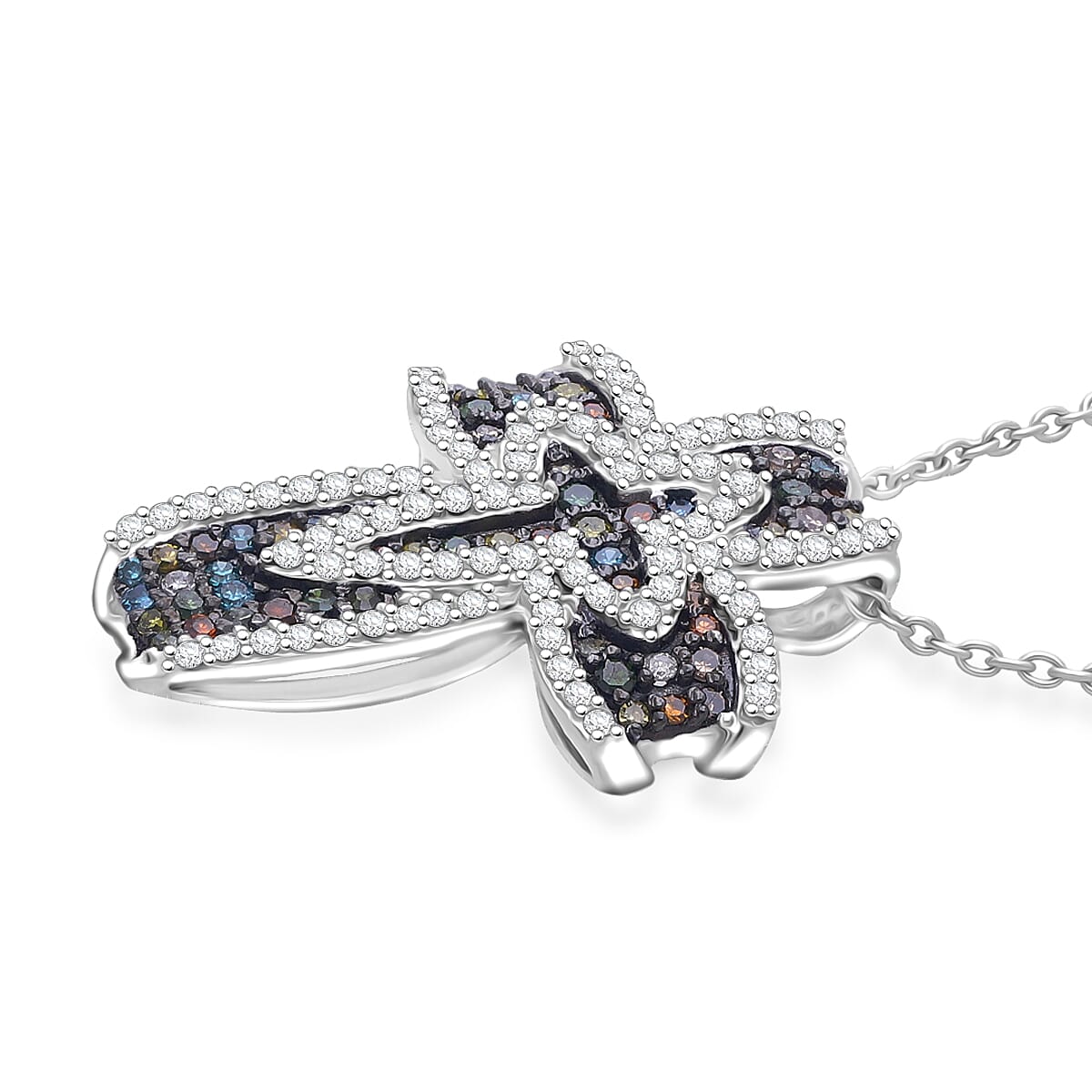 D'Joy Multi Diamond Radiant Cross Pendant Necklace in Rhodium Over Sterling Silver 0.50 ctw (20 Inches) image number 3