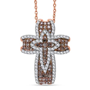 D'Joy Natural Champagne and Whtie Diamond Cross Pendant Necklace in 18K Vermeil RG Over Sterling Silver 0.50 ctw (20 Inches)