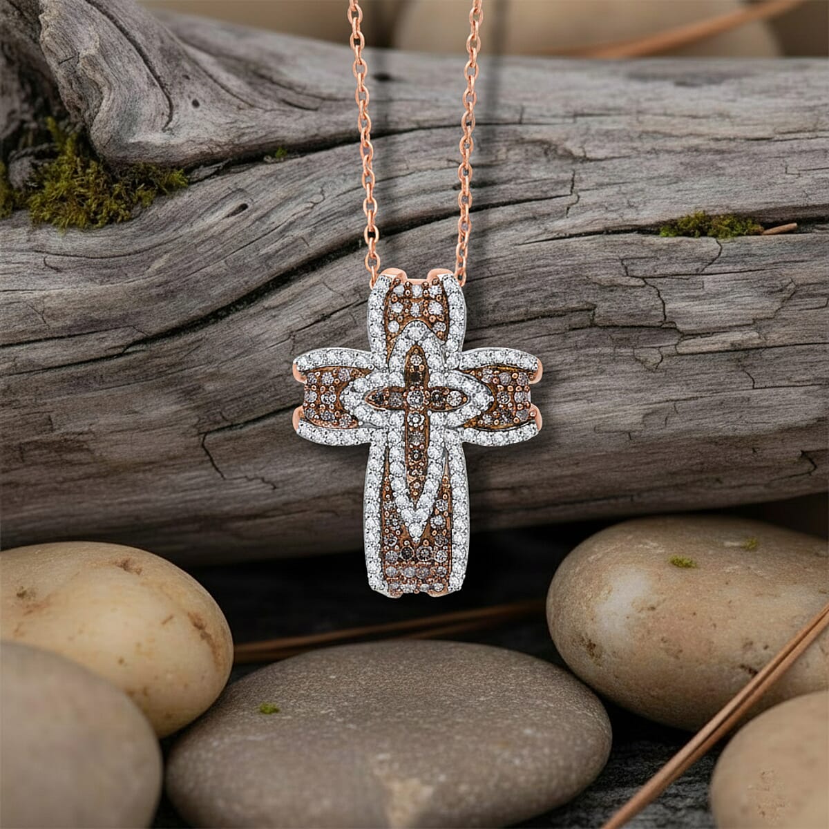 D'Joy Natural Champagne and Whtie Diamond Cross Pendant Necklace in 18K Vermeil RG Over Sterling Silver 0.50 ctw (20 Inches) image number 1