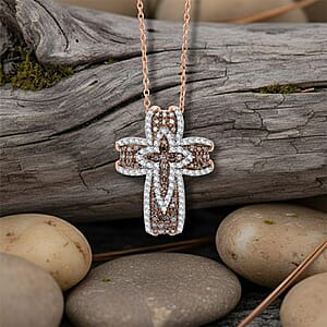 D'Joy Natural Champagne and Whtie Diamond Cross Pendant Necklace in 18K Vermeil RG Over Sterling Silver 0.50 ctw (20 Inches)