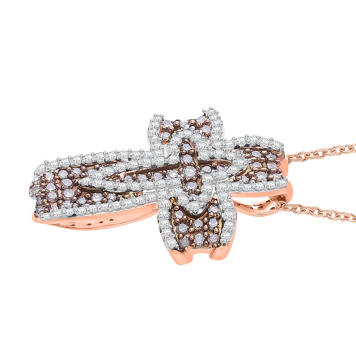 D'Joy Natural Champagne and Whtie Diamond Cross Pendant Necklace in 18K Vermeil RG Over Sterling Silver 0.50 ctw (20 Inches) image number 4