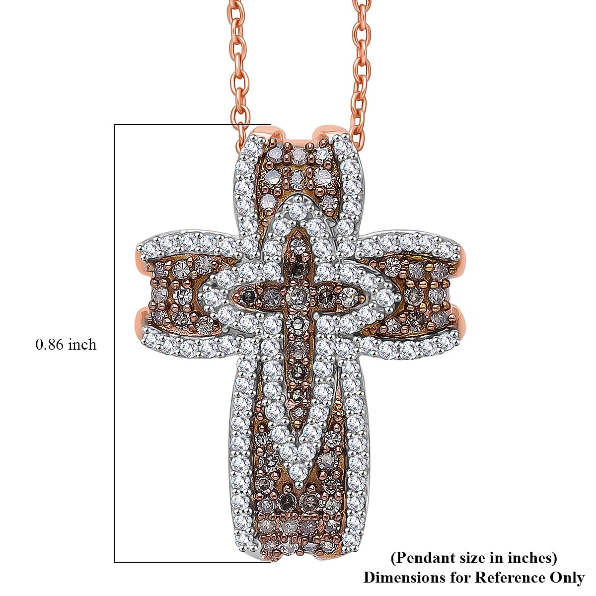 D'Joy Natural Champagne and Whtie Diamond Cross Pendant Necklace in 18K Vermeil RG Over Sterling Silver 0.50 ctw (20 Inches) image number 5