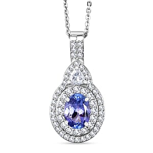 D'Joy Premium Tanzanite and Moissanite 1.70 ctw Art Deco Pendant Necklace in Rhodium Over Sterling Silver 20 Inches