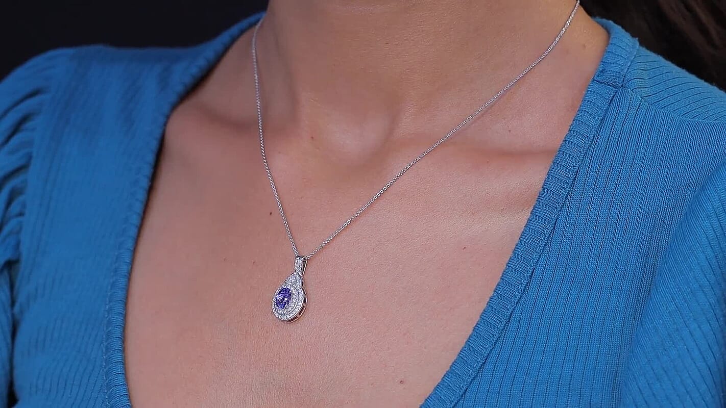 D'Joy Tanzanite, Moissanite Art Deco Pendant Necklace (20 Inches) in Rhodium Over Sterling Silver 1.70 ctw