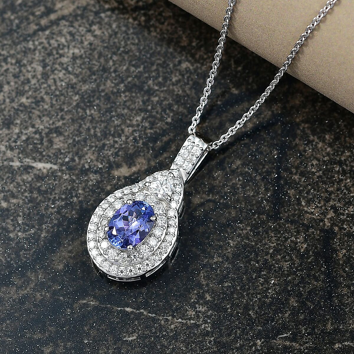 D'Joy Premium Tanzanite and Moissanite 1.70 ctw Art Deco Pendant Necklace in Rhodium Over Sterling Silver 20 Inches image number 1