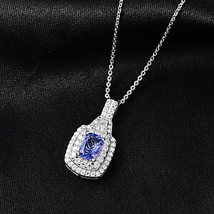 D'Joy Premium Tanzanite and Moissanite 1.60 ctw Pendant Necklace in Rhodium Over Sterling Silver 20 Inches