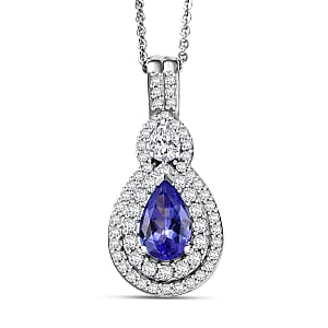 D'Joy Premium Tanzanite and Moissanite 1.65 ctw Art Deco Pendant Necklace in Rhodium Over Sterling Silver 20 Inches