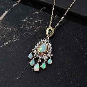 D'Joy Ethiopian Welo Opal and Multi Gemstone 2.41 ctw Pendant Necklace (20 Inches) in 18K Vermeil YG Over Sterling Silver