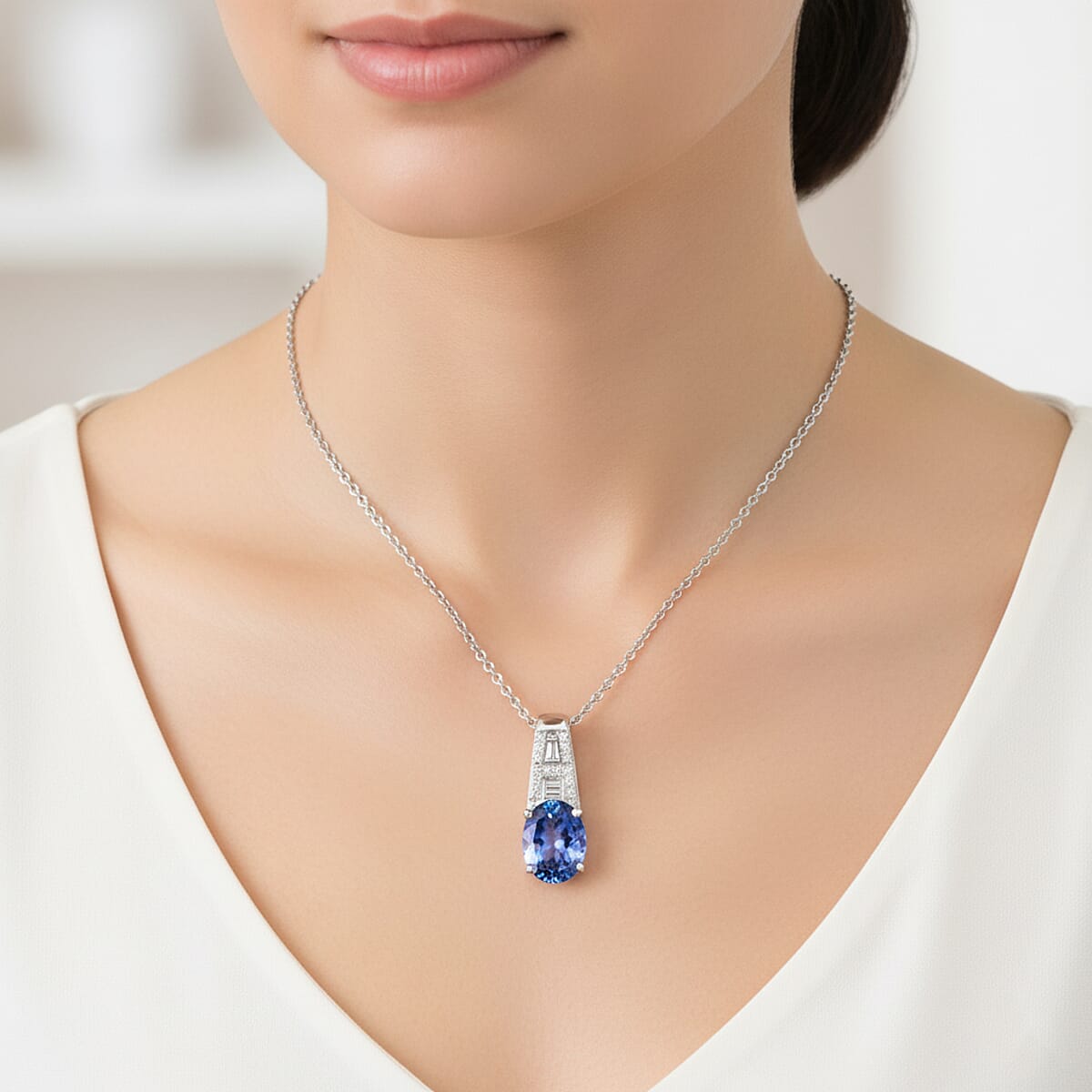 Doorbuster Luxoro AAA Peacock Tanzanite and Diamond I2 1.65 ctw Art Deco Pendant Necklace in 10K White Gold 20 Inches image number 2
