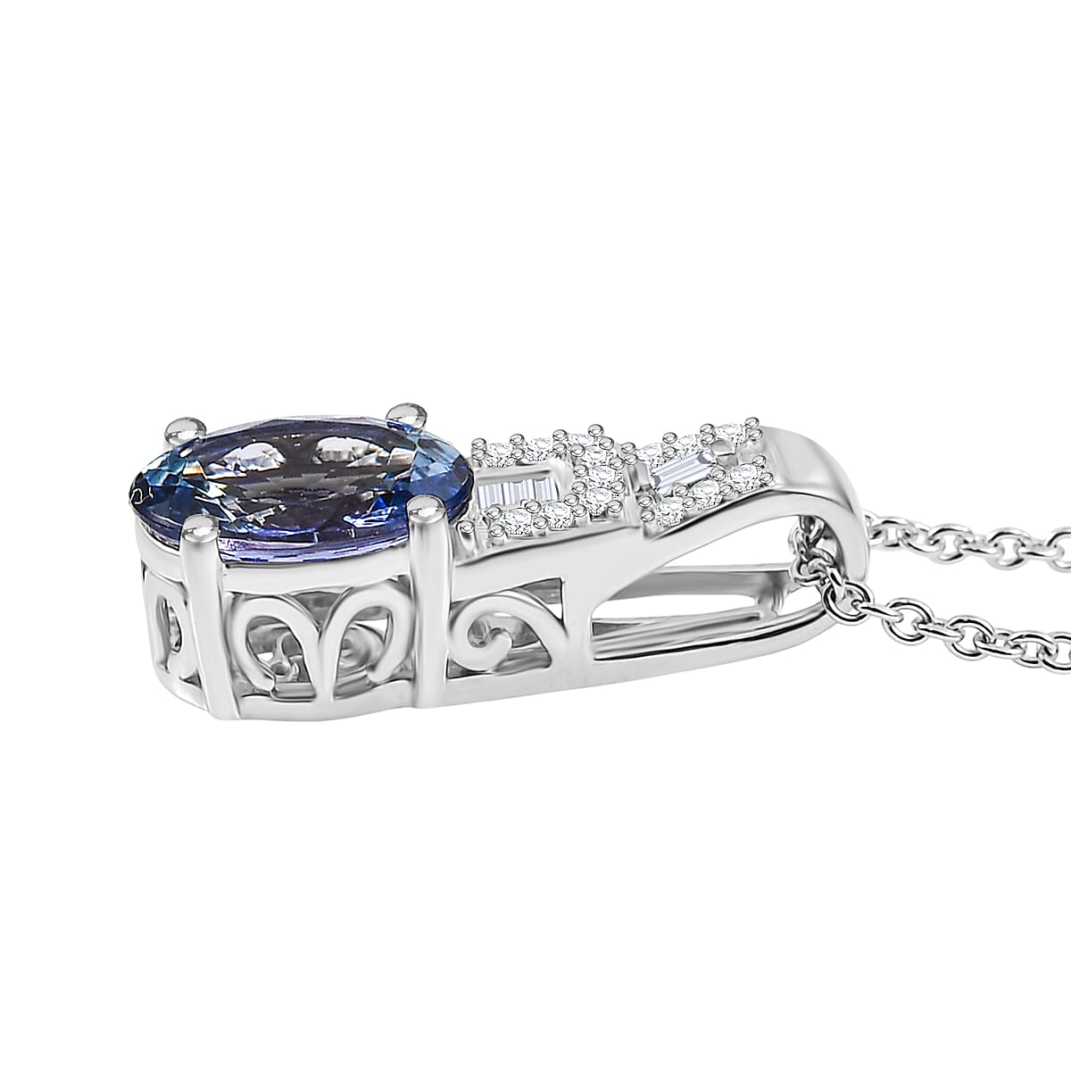 Doorbuster Luxoro AAA Peacock Tanzanite and Diamond I2 1.65 ctw Art Deco Pendant Necklace in 10K White Gold 20 Inches image number 3