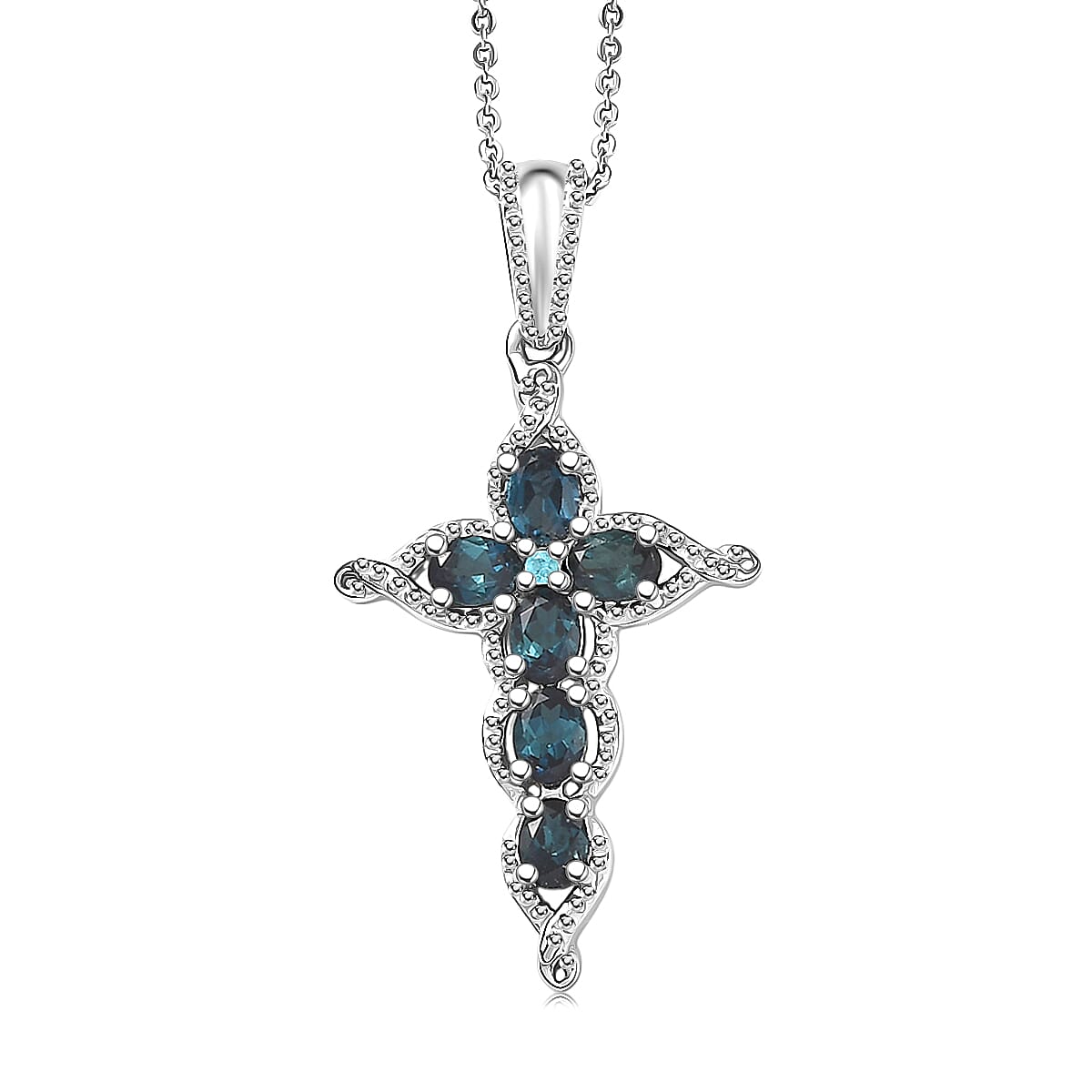 Doorbuster D'Joy Premium Monte Belo Indicolite and Paraiba Tourmaline 1.00 ctw Cross Pendant Necklace in Rhodium Over Sterling Silver 20 Inches image number 0