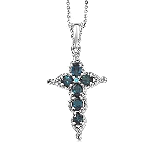 Doorbuster D'Joy Premium Monte Belo Indicolite and Paraiba Tourmaline 1.00 ctw Cross Pendant Necklace in Rhodium Over Sterling Silver 20 Inches