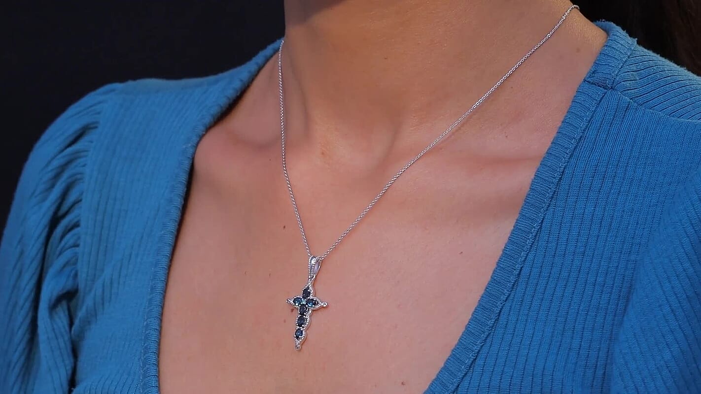 D'Joy Premium Monte Belo Indicolite and Paraiba Tourmaline 1.00 ctw Cross Pendant Necklace in Rhodium Over Sterling Silver 20 Inches