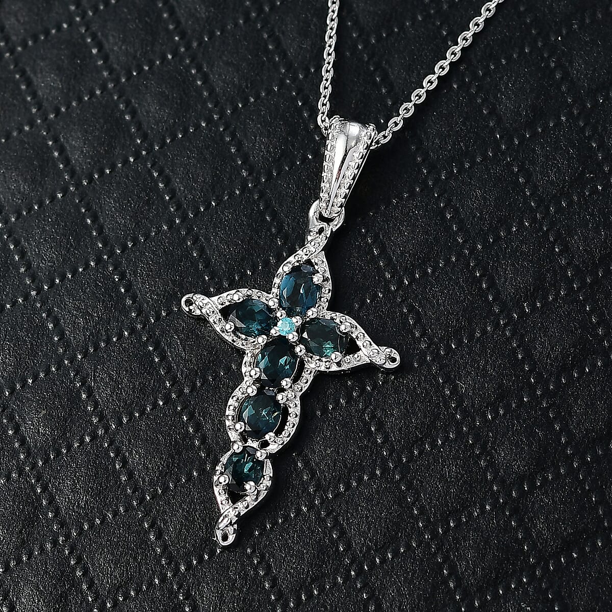 Doorbuster D'Joy Premium Monte Belo Indicolite and Paraiba Tourmaline 1.00 ctw Cross Pendant Necklace in Rhodium Over Sterling Silver 20 Inches image number 1
