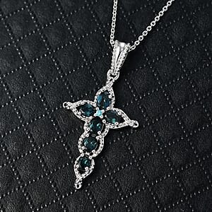 Doorbuster D'Joy Premium Monte Belo Indicolite and Paraiba Tourmaline 1.00 ctw Cross Pendant Necklace in Rhodium Over Sterling Silver 20 Inches