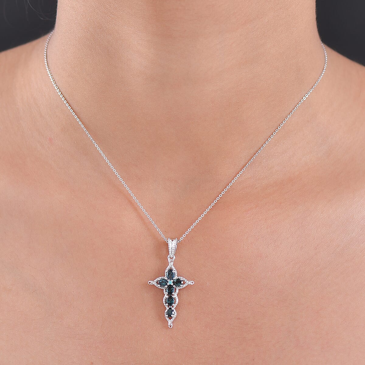 Doorbuster D'Joy Premium Monte Belo Indicolite and Paraiba Tourmaline 1.00 ctw Cross Pendant Necklace in Rhodium Over Sterling Silver 20 Inches image number 2