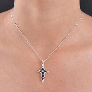 Doorbuster D'Joy Premium Monte Belo Indicolite and Paraiba Tourmaline 1.00 ctw Cross Pendant Necklace in Rhodium Over Sterling Silver 20 Inches