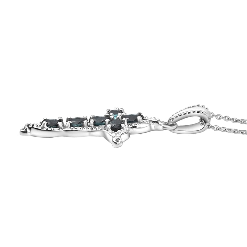  D'Joy Premium Monte Belo Indicolite and Paraiba Tourmaline 1.00 ctw Cross Pendant Necklace in Rhodium Over Sterling Silver 20 Inches