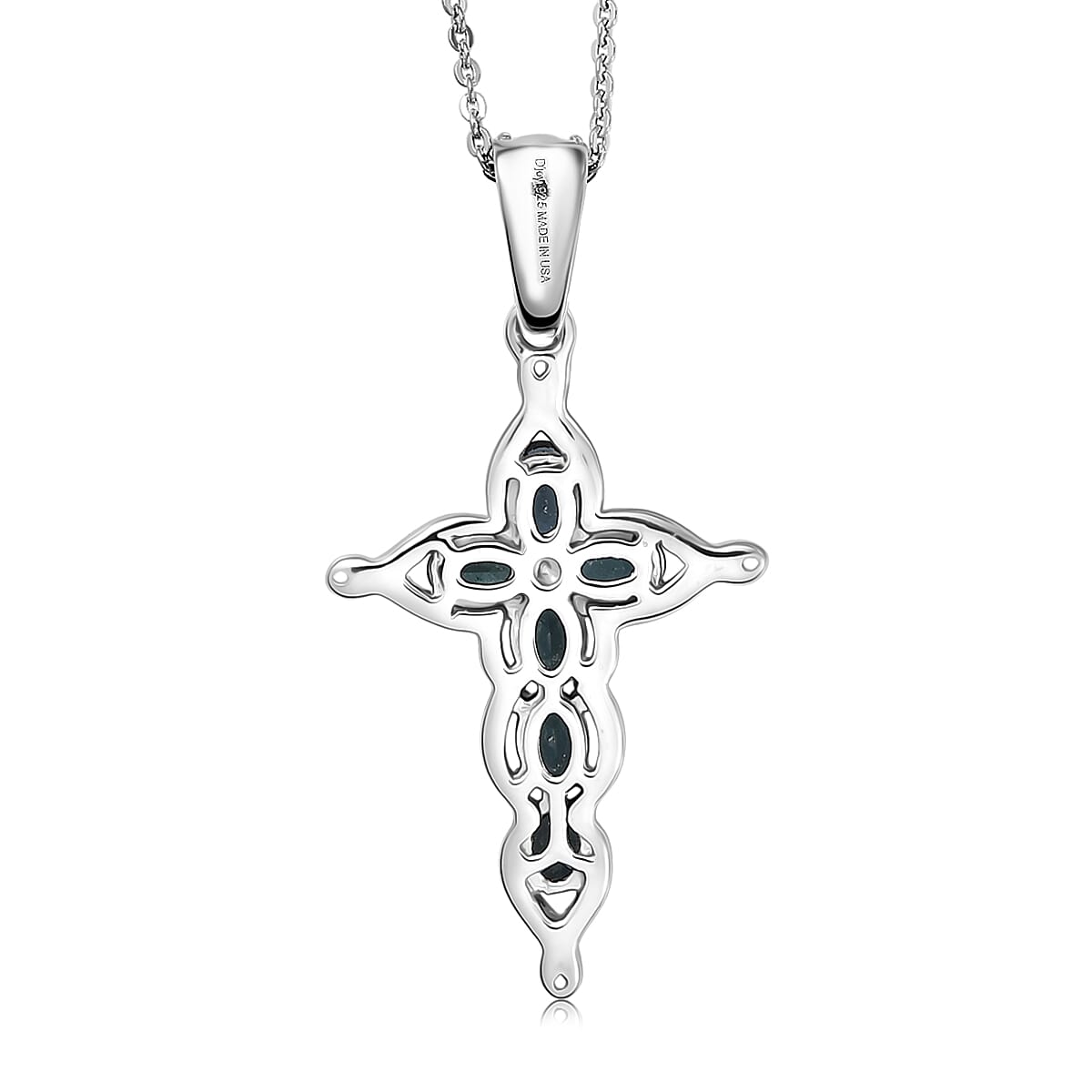  D'Joy Premium Monte Belo Indicolite and Paraiba Tourmaline 1.00 ctw Cross Pendant Necklace in Rhodium Over Sterling Silver 20 Inches