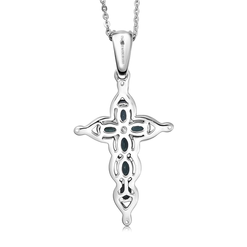  D'Joy Premium Monte Belo Indicolite and Paraiba Tourmaline 1.00 ctw Cross Pendant Necklace in Rhodium Over Sterling Silver 20 Inches