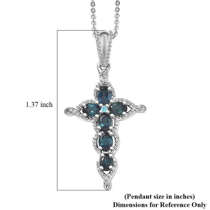  D'Joy Premium Monte Belo Indicolite and Paraiba Tourmaline 1.00 ctw Cross Pendant Necklace in Rhodium Over Sterling Silver 20 Inches