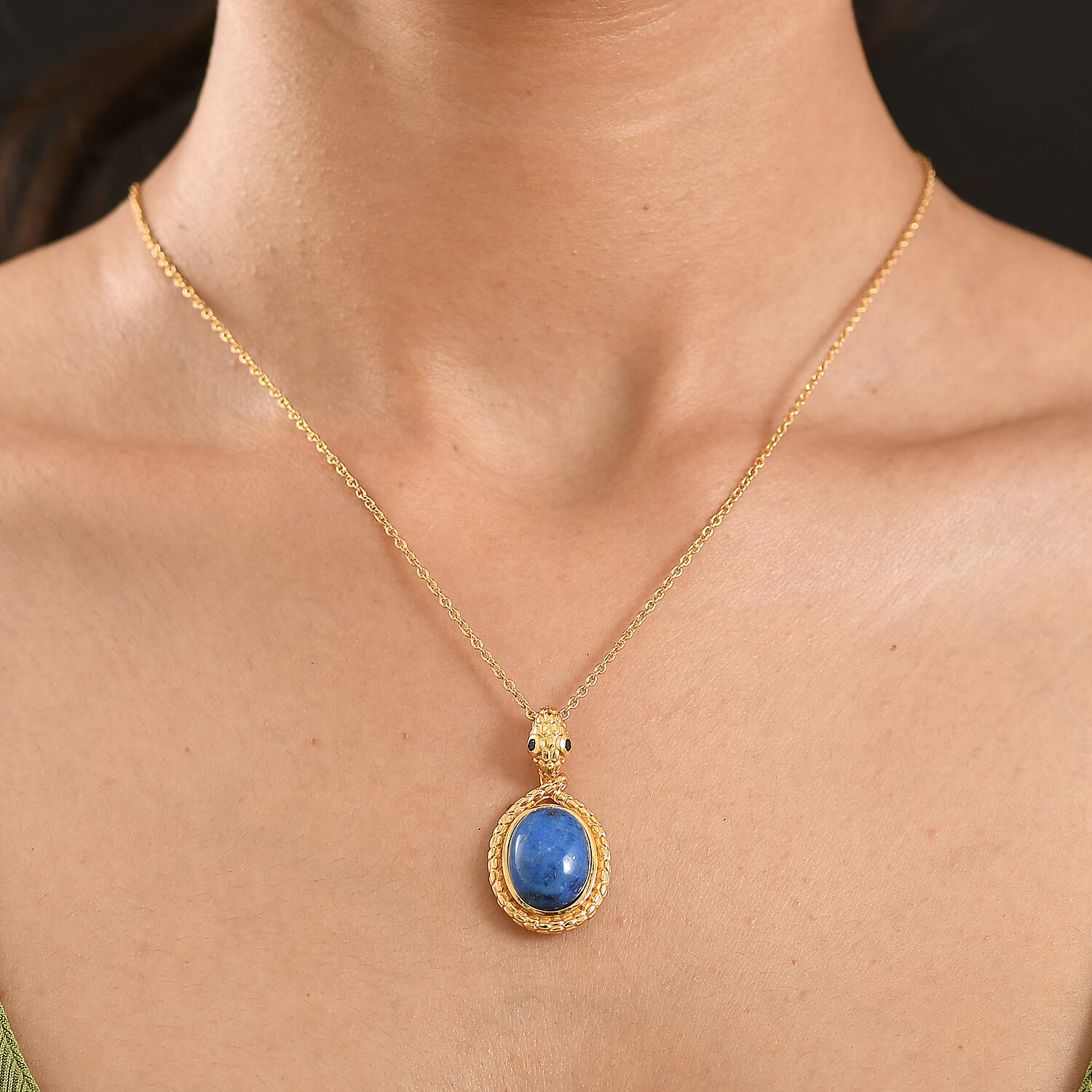 EverTrue Lapis Lagoon and Thai Black Spinel 12.20 ctw Pendant in 18K YG Plated with ION Plated YG Stainless Steel (20 Inches)