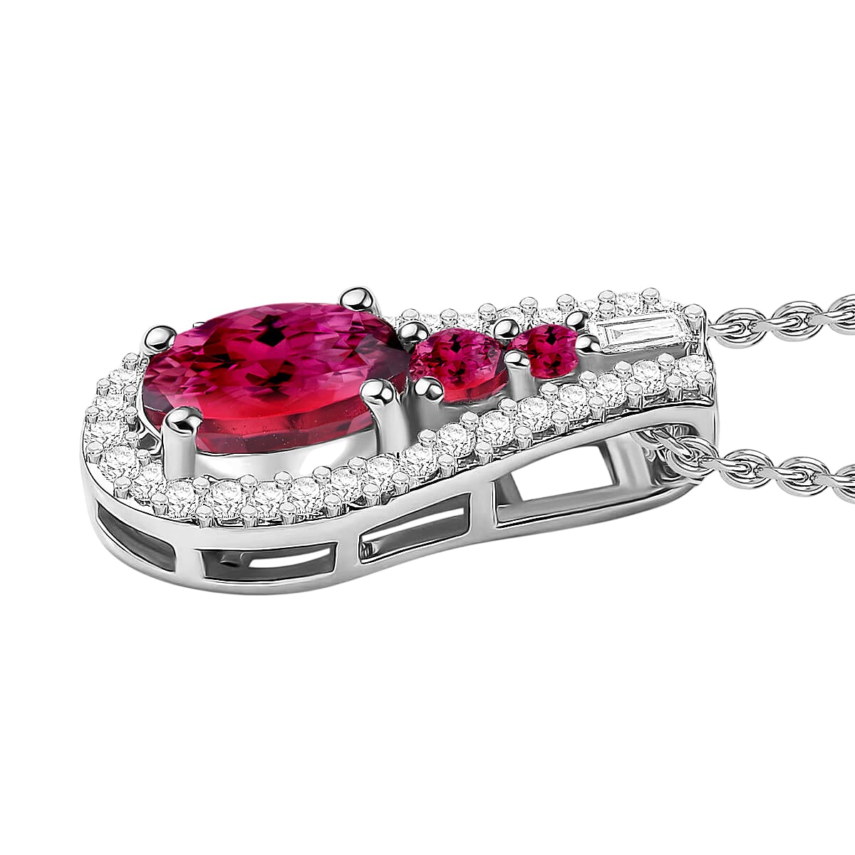 Luxoro Premium Ouro Fino Rubellite and I2 Diamond 1.11 ctw Pendant Necklace in 10K White Gold 20 Inches image number 3