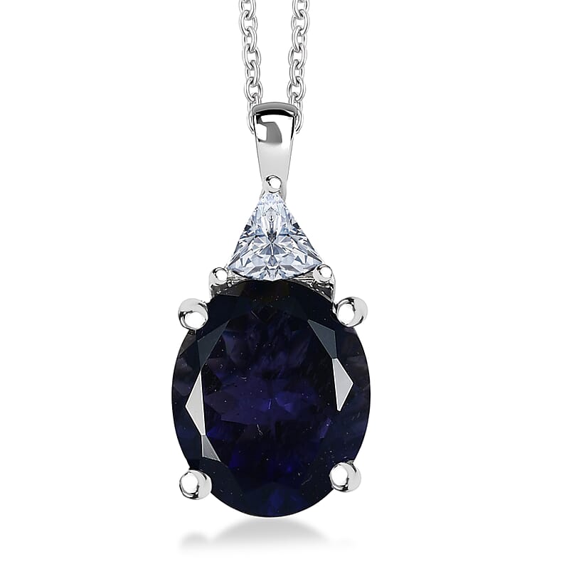 AAA Catalina Iolite, Lab Grown Diamond Art Deco Pendant Necklace in 10K White Gold 3.10 ctw (20 Inches)