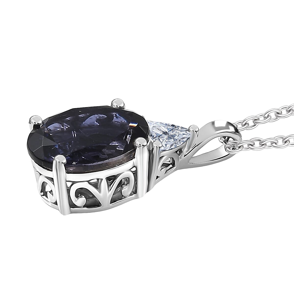 AAA Catalina Iolite and Luxuriant Lab Grown Diamond E-F VS 3.10 ctw Art Deco Pendant Necklace in 10K White Gold 20 Inches image number 3