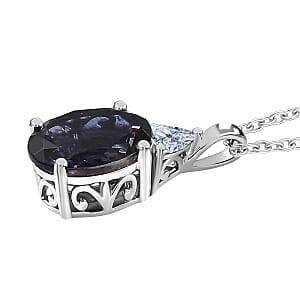 AAA Catalina Iolite, Lab Grown Diamond Art Deco Pendant Necklace in 10K White Gold 3.10 ctw (20 Inches)