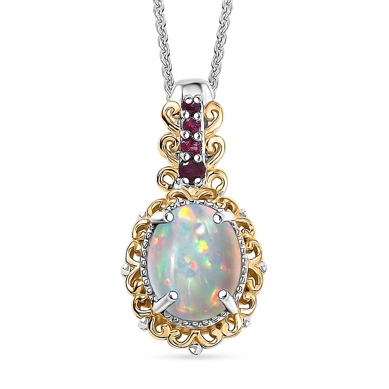 D'Joy Premium Ethiopian Welo Opal and Ouro Fino Rubellite 1.29 ctw Pendant Necklace in 18K Vermeil YG and Rhodium Over Sterling Silver 20 Inches