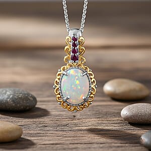 D'Joy Premium Ethiopian Welo Opal and Ouro Fino Rubellite 1.29 ctw Pendant Necklace in 18K Vermeil YG and Rhodium Over Sterling Silver 20 Inches