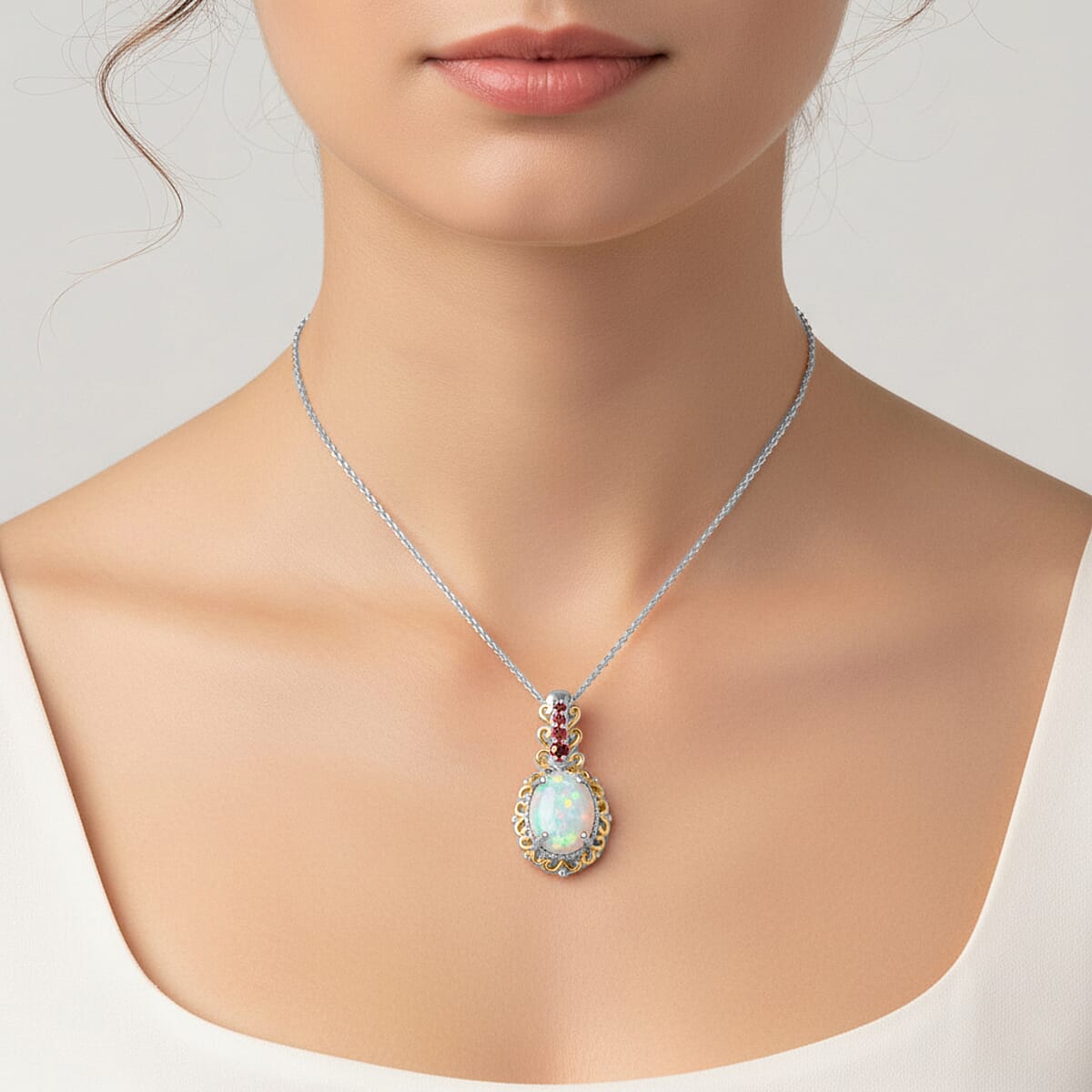 D'Joy Premium Ethiopian Welo Opal and Ouro Fino Rubellite 1.29 ctw Pendant Necklace in 18K Vermeil YG and Rhodium Over Sterling Silver 20 Inches image number 2