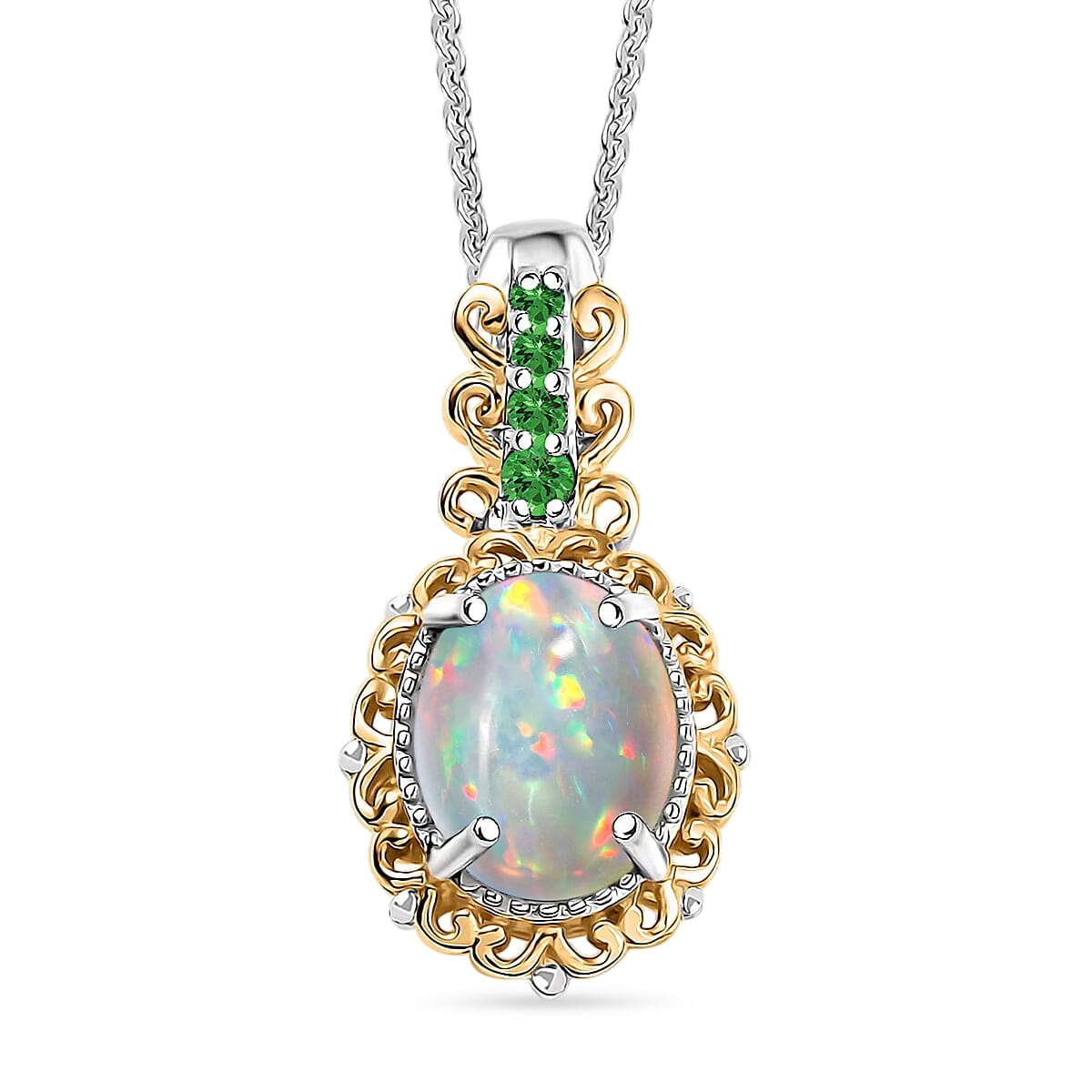 D'Joy Premium Ethiopian Welo Opal and Chrome Diopside 1.29 ctw Pendant Necklace in 18K Vermeil YG and Rhodium Over Sterling Silver 20 Inches
