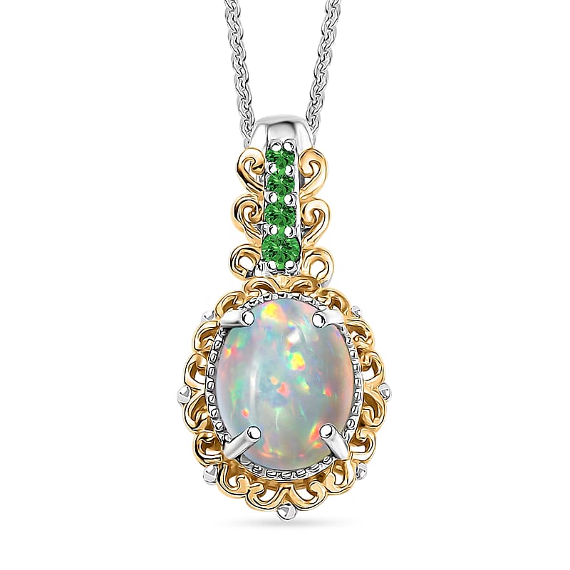 D'Joy Premium Ethiopian Welo Opal and Chrome Diopside 1.29 ctw Pendant Necklace in 18K Vermeil YG and Rhodium Over Sterling Silver 20 Inches