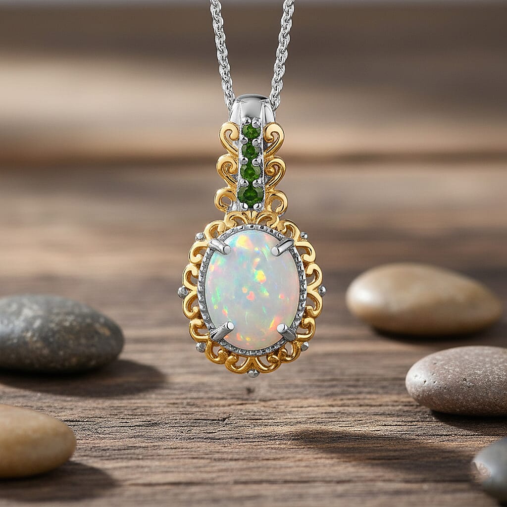 D'Joy Premium Ethiopian Welo Opal and Chrome Diopside 1.29 ctw Pendant Necklace in 18K Vermeil YG and Rhodium Over Sterling Silver 20 Inches