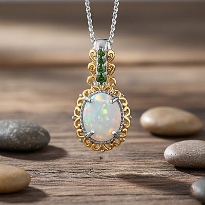 D'Joy Premium Ethiopian Welo Opal and Chrome Diopside 1.29 ctw Pendant Necklace in 18K Vermeil YG and Rhodium Over Sterling Silver 20 Inches