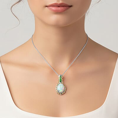 D'Joy Premium Ethiopian Welo Opal and Chrome Diopside 1.29 ctw Pendant Necklace in 18K Vermeil YG and Rhodium Over Sterling Silver 20 Inches