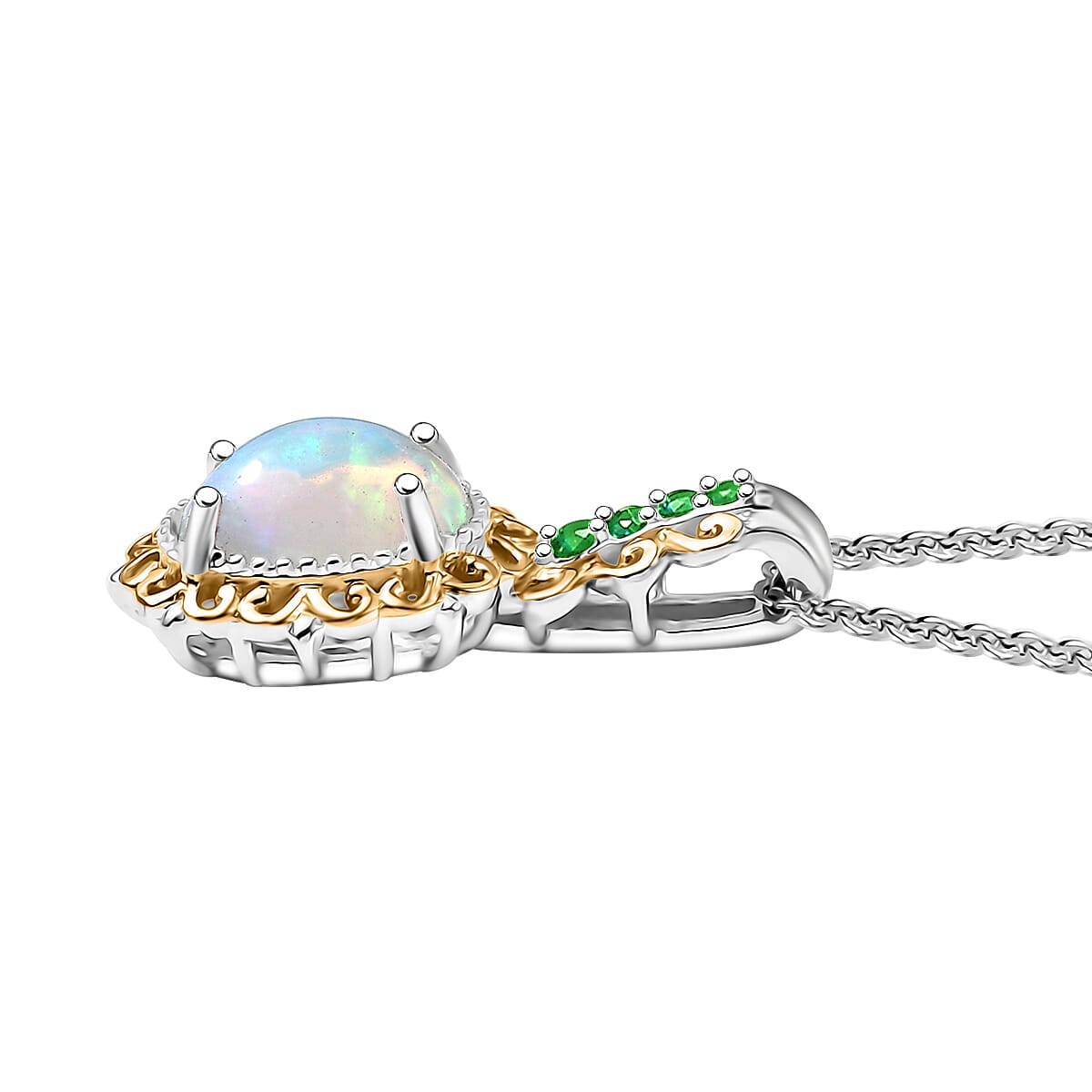 D'Joy Premium Ethiopian Welo Opal and Chrome Diopside 1.29 ctw Pendant Necklace in 18K Vermeil YG and Rhodium Over Sterling Silver 20 Inches