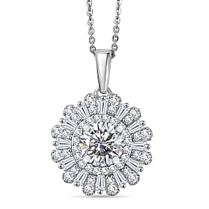 D'Joy Hearts & Arrow Cut Strontium Titanate and Moissanite 2.90 ctw Radiant Sunburst Pendant Necklace 20 Inches in Rhodium Over Sterling Silver