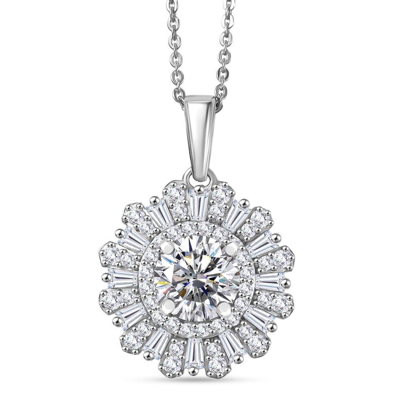 D'Joy Hearts & Arrow Cut Strontium Titanate and Moissanite 2.90 ctw Radiant Sunburst Pendant Necklace 20 Inches in Rhodium Over Sterling Silver
