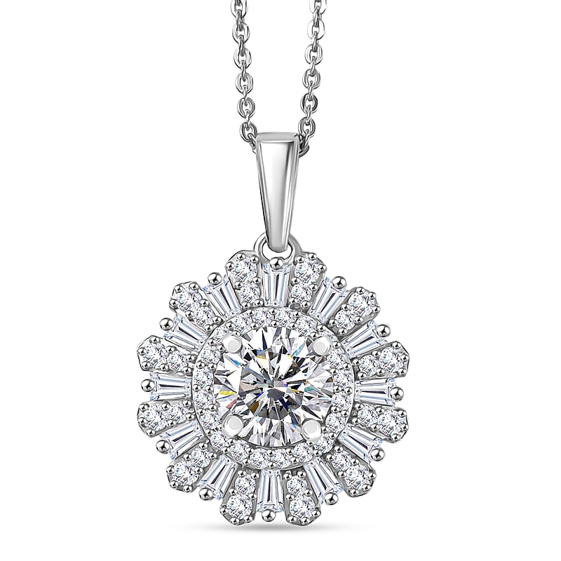 D'Joy Hearts & Arrow Cut Strontium Titanate and Moissanite 2.90 ctw Radiant Sunburst Pendant Necklace 20 Inches in Rhodium Over Sterling Silver
