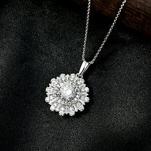 D'Joy Hearts & Arrow Cut Strontium Titanate and Moissanite 2.90 ctw Radiant Sunburst Pendant Necklace 20 Inches in Rhodium Over Sterling Silver