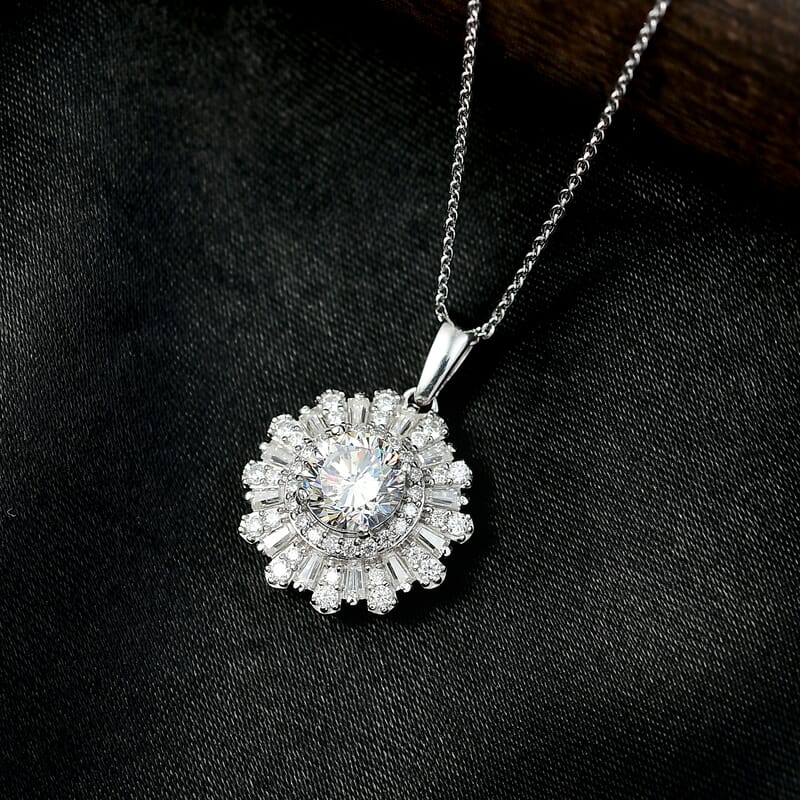 D'Joy Hearts & Arrow Cut Strontium Titanate and Moissanite 2.90 ctw Radiant Sunburst Pendant Necklace 20 Inches in Rhodium Over Sterling Silver