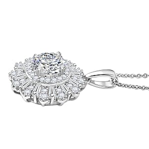 D'Joy Hearts & Arrow Cut Strontium Titanate and Moissanite 2.90 ctw Radiant Sunburst Pendant Necklace 20 Inches in Rhodium Over Sterling Silver