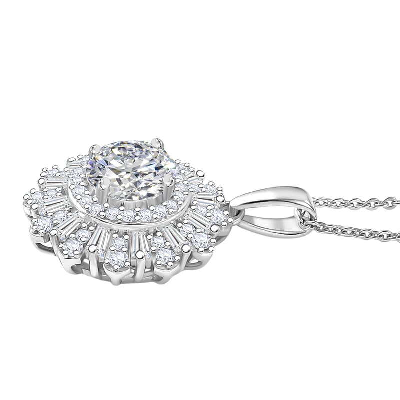 D'Joy Hearts & Arrow Cut Strontium Titanate and Moissanite 2.90 ctw Radiant Sunburst Pendant Necklace 20 Inches in Rhodium Over Sterling Silver